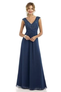 Alexia Designs - 4210 Lace V-neck Ruched Chiffon A-line Dress