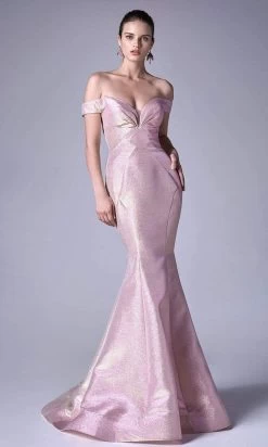 Andrea And Leo - A0725 Off-Shoulder Metallic Jacquard Mermaid Gown -Boutique Wedding Dress Store andrea and leo a0725 off shoulder metallic jacquard mermaid gown evening dresses 2 opal pink 15870036017235