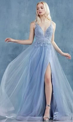 Andrea And Leo - A0762 Beaded Floral Lace Bodice Tulle A-Line Gown -Boutique Wedding Dress Store andrea and leo a0762 beaded floral lace bodice tulle a line gown prom dresses 2 dusty blue 15814772523091