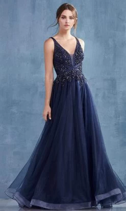 Andrea And Leo - A0762 Beaded Floral Lace Bodice Tulle A-Line Gown -Boutique Wedding Dress Store andrea and leo a0762 beaded floral lace bodice tulle a line gown prom dresses 2 navy 15814773112915