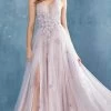 Andrea And Leo - A0791 Floral Applique High Slit A-Line Dress -Boutique Wedding Dress Store andrea and leo a0791 floral applique high slit a line dress prom dresses 2 wisteria 15816678998099