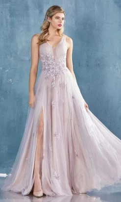 Andrea And Leo - A0791 Floral Applique High Slit A-Line Dress