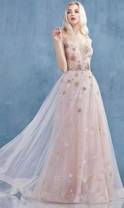 Andrea And Leo - A0827 Plunging V Neck A-Line Gown With Slit -Boutique Wedding Dress Store andrea and leo a0827 plunging v neck a line gown with slit bridesmaid dresses 15866107691091