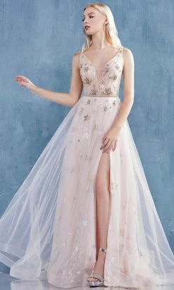 Andrea And Leo - A0827 Plunging V Neck A-Line Gown With Slit -Boutique Wedding Dress Store andrea and leo a0827 plunging v neck a line gown with slit bridesmaid dresses 15868066332755