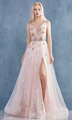 Andrea And Leo - A0827 Plunging V Neck A-Line Gown With Slit -Boutique Wedding Dress Store andrea and leo a0827 plunging v neck a line gown with slit bridesmaid dresses 2 blush 15868045328467