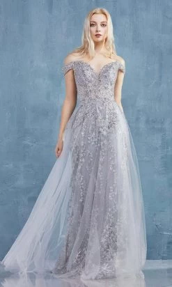 Andrea And Leo - A0870 Off-Shoulder Stellar Glitter Tulle Gown -Boutique Wedding Dress Store andrea and leo a0870 off shoulder stellar glitter tulle gown bridesmaid dresses 2 silver 28784288858195