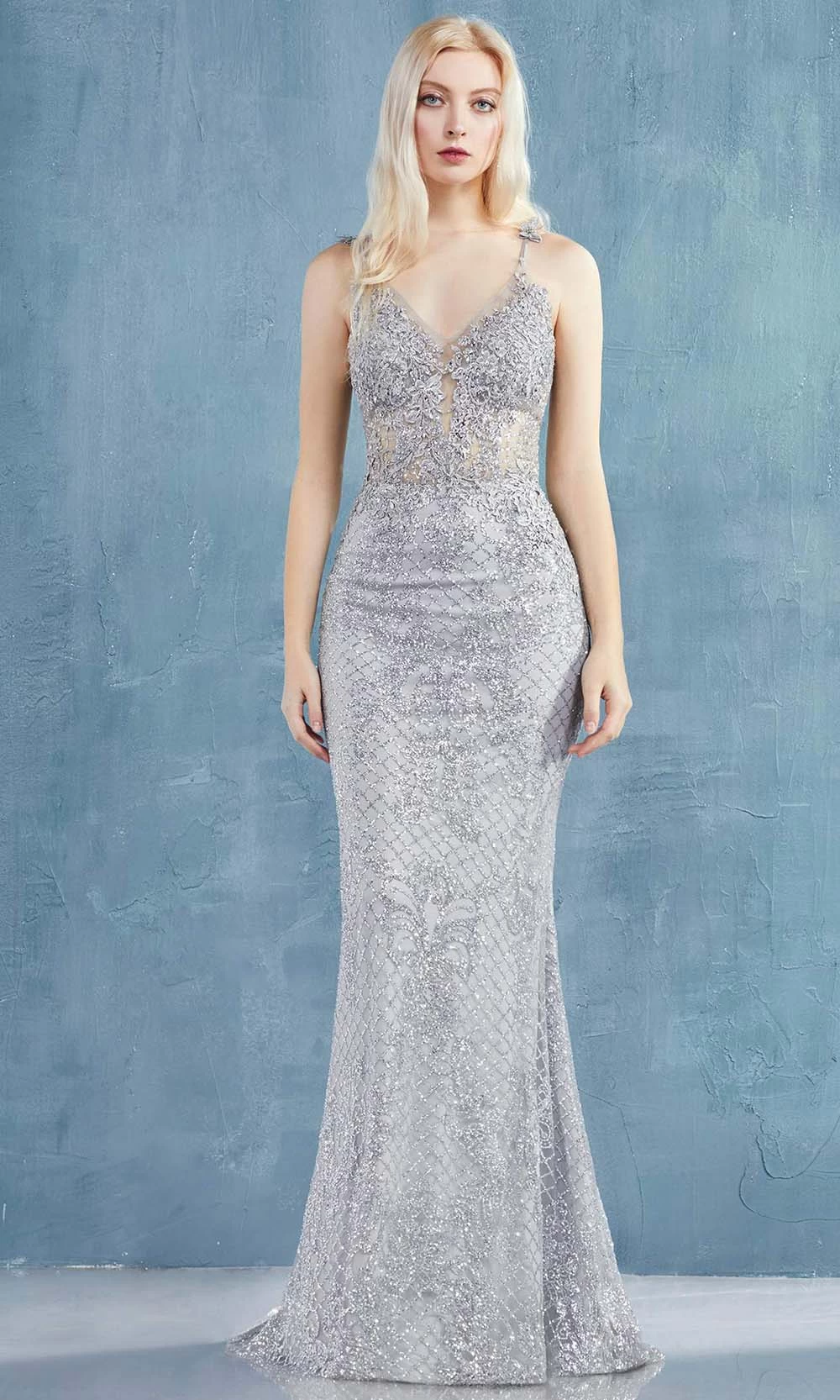 Andrea And Leo - A0960 Beaded Lace V Neck Trumpet Gown 3 Andrea And Leo - A0960 Beaded Lace V Neck Trumpet Gown