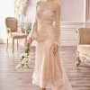 Andrea And Leo - A0997S Pearl Embellished Illusion Sleeve High Low Dress -Boutique Wedding Dress Store andrea and leo a0997s pearl embellished illusion sleeve high low dress evening dresses 2 off white nude 29383750910035