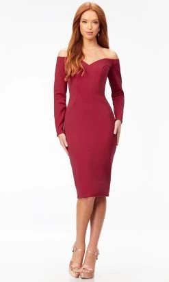 Ashley Lauren 4514 - Off- Shoulder Long Sleeve Tea-Length Dress -Boutique Wedding Dress Store ashley lauren 4514 off shoulder long sleeve tea length dress special occasion dress 0 burgundy 30936933433427