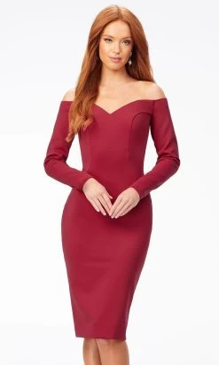 Ashley Lauren 4514 - Off- Shoulder Long Sleeve Tea-Length Dress -Boutique Wedding Dress Store ashley lauren 4514 off shoulder long sleeve tea length dress special occasion dress 30936933466195