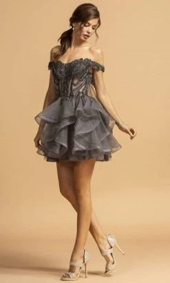 Aspeed Design - S2094 Off Shoulder Organza Short Dress -Boutique Wedding Dress Store aspeed design s2094 off shoulder organza short dress homecoming dresses xxs charcoal 28732595503187
