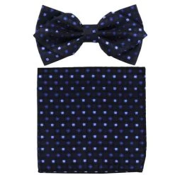 Black Bow Tie With Blue Geometric Squares And Pocket Square (Pointed Tip)