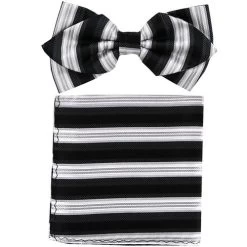 Black/White Striped Bow Tie With Pocket Square (Pointed Tip)