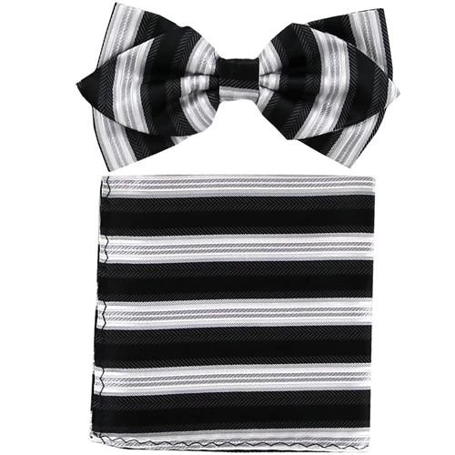 Black/White Striped Bow Tie With Pocket Square (Pointed Tip) 3 Black/White Striped Bow Tie With Pocket Square (Pointed Tip)