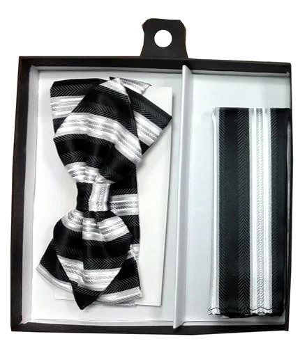 Black/White Striped Bow Tie With Pocket Square (Pointed Tip) 4 Black/White Striped Bow Tie With Pocket Square (Pointed Tip) - Image 2