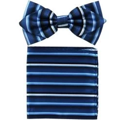 Blue Striped Bow Tie With Pocket Square (Pointed Tip)