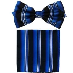 Blue/Black Striped Bow Tie With Pocket Square (Pointed Tip)