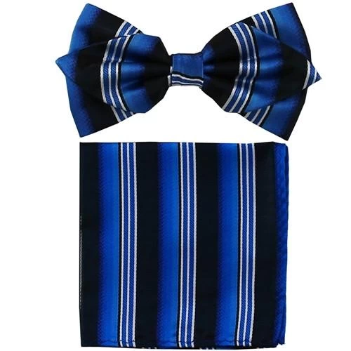 Blue/Black Striped Bow Tie With Pocket Square (Pointed Tip) 3 Blue/Black Striped Bow Tie With Pocket Square (Pointed Tip)