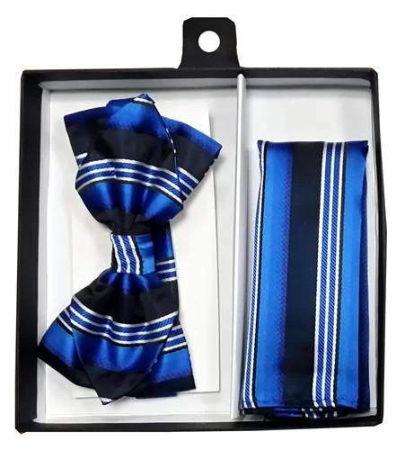 Blue/Black Striped Bow Tie With Pocket Square (Pointed Tip) 4 Blue/Black Striped Bow Tie With Pocket Square (Pointed Tip) - Image 2