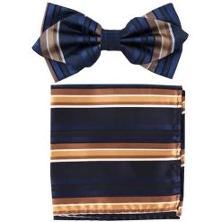 Blue/Brown Striped Bow Tie With Pocket Square (Pointed Tip)