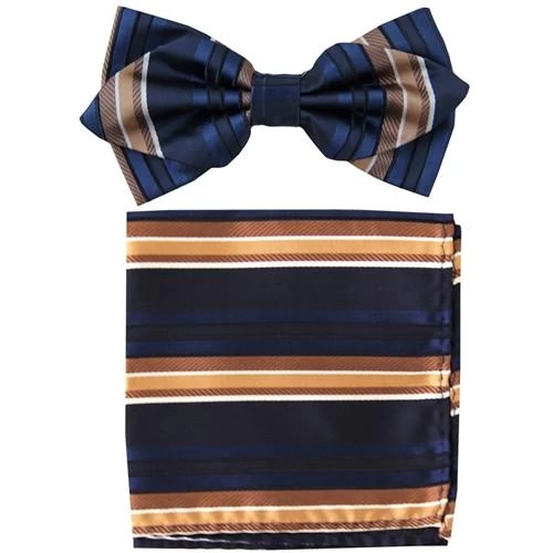 Blue/Brown Striped Bow Tie With Pocket Square (Pointed Tip) 3 Blue/Brown Striped Bow Tie With Pocket Square (Pointed Tip)