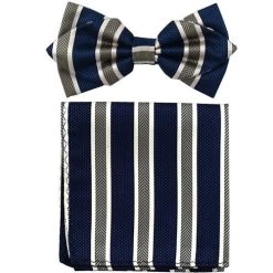 Blue/Gray Striped Bow Tie With Pocket Square (Pointed Tip)