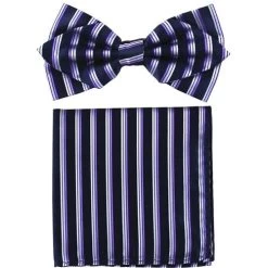 Blue/Purple Striped Bow Tie With Pocket Square (Pointed Tip)