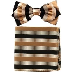 Brown Striped Bow Tie With Pocket Square (Pointed Tip)