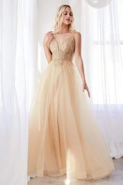 Cinderella Divine - CD0154 Plunging Beaded Appliqued Tulle Dress -Boutique Wedding Dress Store cinderella divine cd0154 plunging beaded appliqued tulle dress prom dresses 13864388526163