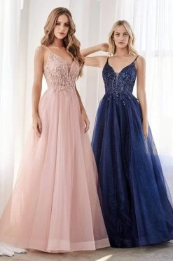 Cinderella Divine - CD0154 Plunging Beaded Appliqued Tulle Dress -Boutique Wedding Dress Store cinderella divine cd0154 plunging beaded appliqued tulle dress prom dresses xxs navy 13864388460627