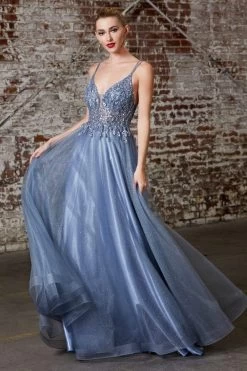 Cinderella Divine - CD0154 Plunging Beaded Appliqued Tulle Dress -Boutique Wedding Dress Store cinderella divine cd0154 plunging beaded appliqued tulle dress prom dresses xxs smoky blue 13864388493395