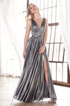 Cinderella Divine - CD160 Deep V Neck High Slit Metallic Pleated Gown 22 Cinderella Divine - CD160 Deep V Neck High Slit Metallic Pleated Gown -Boutique Wedding Dress Store cinderella divine cd160 deep v neck high slit metallic pleated gown bridesmaid dresses 2 dark silver 28291662741587