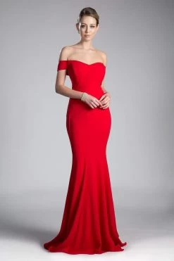 Cinderella Divine - CD711 Sleek Off-Shoulder Jersey Sheath Prom Dress