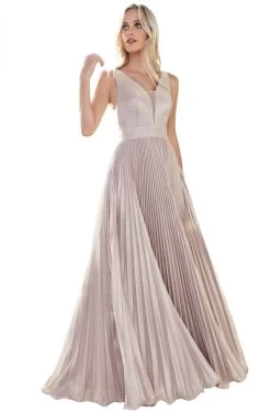 Cinderella Divine - CH211 Plunging V-Neck Pleated Glitter Dress -Boutique Wedding Dress Store cinderella divine ch211 plunging v neck pleated glitter dress bridesmaid dresses xxs metallic champagne 28290162753619