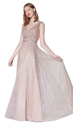 Cinderella Divine - CJ524 Metallic Plunging V-Neck A-Line Dress -Boutique Wedding Dress Store cinderella divine cj524 metallic plunging v neck a line dress bridesmaid dresses 13745841373267