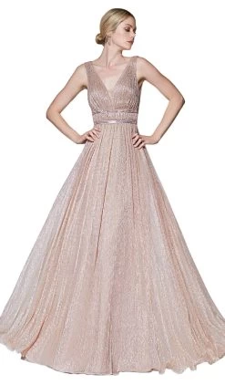 Cinderella Divine - CJ524 Metallic Plunging V-Neck A-Line Dress