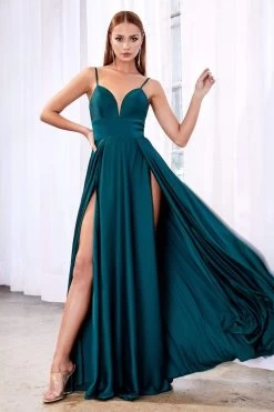 Cinderella Divine - CJ526 Sheer Plunging Neck Double Slit Satin Gown -Boutique Wedding Dress Store cinderella divine cj526 sheer plunging neck double slit satin gown bridesmaid dresses 14488820875347