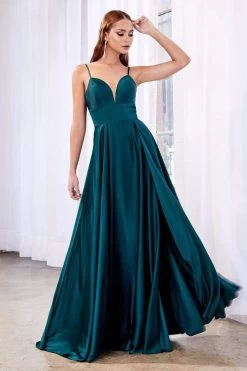 Cinderella Divine - CJ526 Sheer Plunging Neck Double Slit Satin Gown -Boutique Wedding Dress Store cinderella divine cj526 sheer plunging neck double slit satin gown bridesmaid dresses 14488821039187