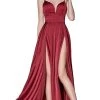 Cinderella Divine - CJ526 Sheer Plunging Neck Double Slit Satin Gown -Boutique Wedding Dress Store cinderella divine cj526 sheer plunging neck double slit satin gown bridesmaid dresses 2 burgundy 7729747427411