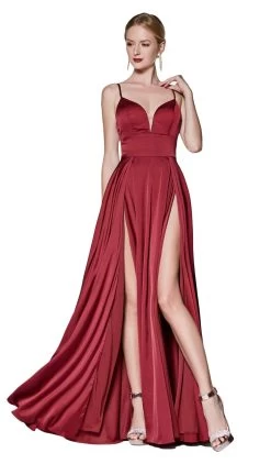 Cinderella Divine - CJ526 Sheer Plunging Neck Double Slit Satin Gown