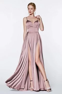 Cinderella Divine - CJ526 Sheer Plunging Neck Double Slit Satin Gown -Boutique Wedding Dress Store cinderella divine cj526 sheer plunging neck double slit satin gown bridesmaid dresses 2 dusty rose 14004150796371