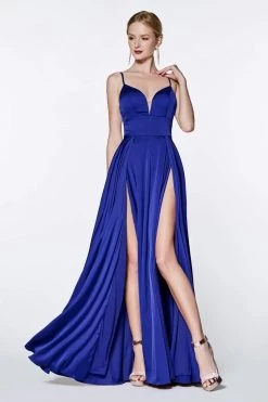 Cinderella Divine - CJ526 Sheer Plunging Neck Double Slit Satin Gown -Boutique Wedding Dress Store cinderella divine cj526 sheer plunging neck double slit satin gown bridesmaid dresses 2 royal 14004151550035