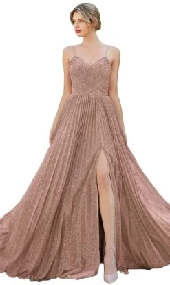 Cinderella Divine - CJ534 Long Pleated Metallic High Slit Dress -Boutique Wedding Dress Store cinderella divine cj534 long pleated metallic high slit dress bridesmaid dresses 2 champagne 28620152340563