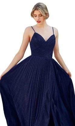 Cinderella Divine - CJ534 Long Pleated Metallic High Slit Dress -Boutique Wedding Dress Store cinderella divine cj534 long pleated metallic high slit dress bridesmaid dresses 2 navy 28620221349971
