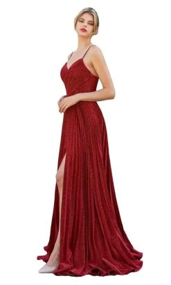 Cinderella Divine - CJ534 Long Pleated Metallic High Slit Dress -Boutique Wedding Dress Store cinderella divine cj534 long pleated metallic high slit dress bridesmaid dresses 2 red 28620197167187