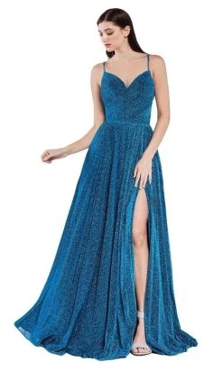 Cinderella Divine - CJ534 Long Pleated Metallic High Slit Dress -Boutique Wedding Dress Store cinderella divine cj534 long pleated metallic high slit dress bridesmaid dresses 28620200116307