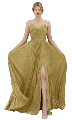 Cinderella Divine - CJ534 Long Pleated Metallic High Slit Dress -Boutique Wedding Dress Store cinderella divine cj534 long pleated metallic high slit dress bridesmaid dresses 28620242616403