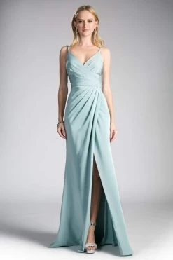 Cinderella Divine - KC1850 Sleeveless Wrap Bodice Drape-Detailed Gown -Boutique Wedding Dress Store cinderella divine kc1850 sleeveless wrap bodice drape detailed gown evening dresses 2 seafoam blue 28620755304531