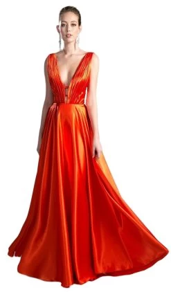 Cinderella Divine - Pleated Deep V-neck Satin A-line Dress