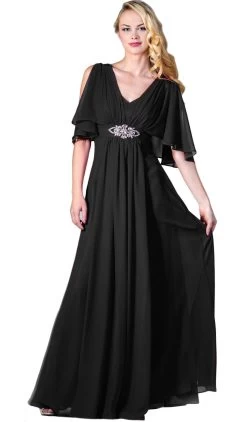 Cinderella Divine - Split Butterfly Sleeve Brooch Ornate Long Formal Gown